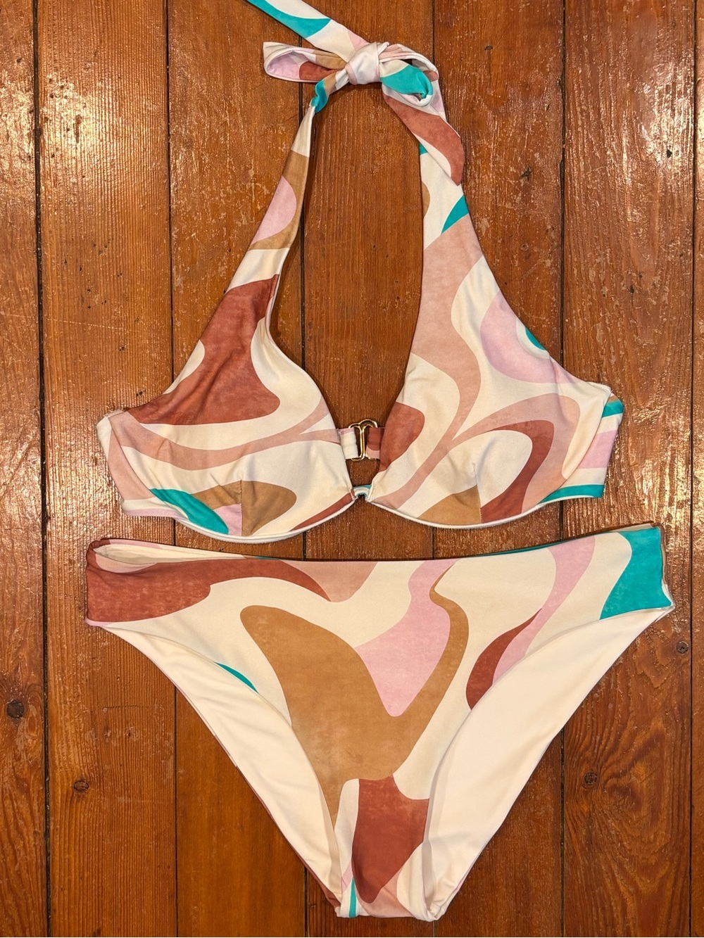 B Swim Size L Halter Bikini Set in Cream, Brown, Pink & Teal